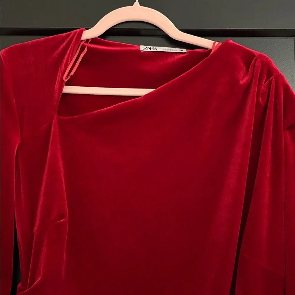 Zara Red Long Sleeve Holiday Dress. Soft Velvet Asymmetrical Neckline. Size XXL